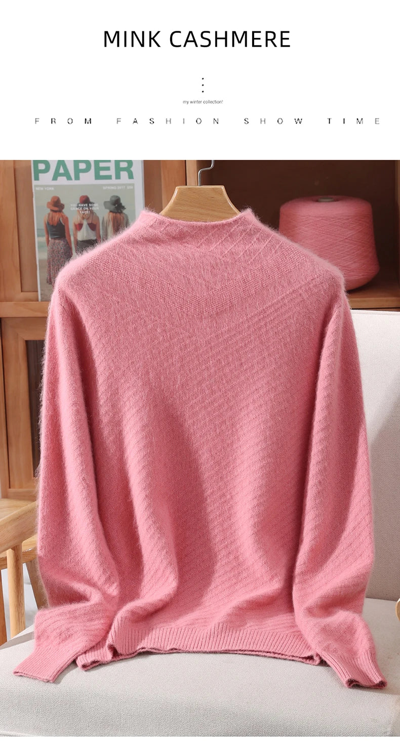 Autumn and winter mink cashmere knitted sweater Women's fashionable simple semi-high-neck sweater for women Soft comfortable top