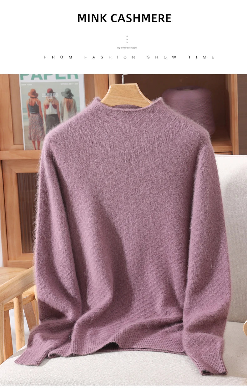 Autumn and winter mink cashmere knitted sweater Women's fashionable simple semi-high-neck sweater for women Soft comfortable top