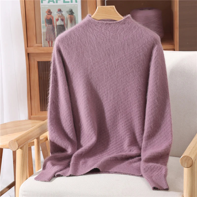 Autumn and winter mink cashmere knitted sweater Women's fashionable simple semi-high-neck sweater for women Soft comfortable top