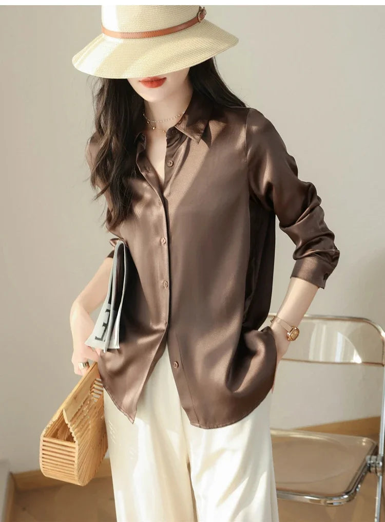 Satin Women's Shirt Blouses for Women Fashion 2024 Korean Style Womens Tops Office White Shirt Women OL Loose Elegant Clothing