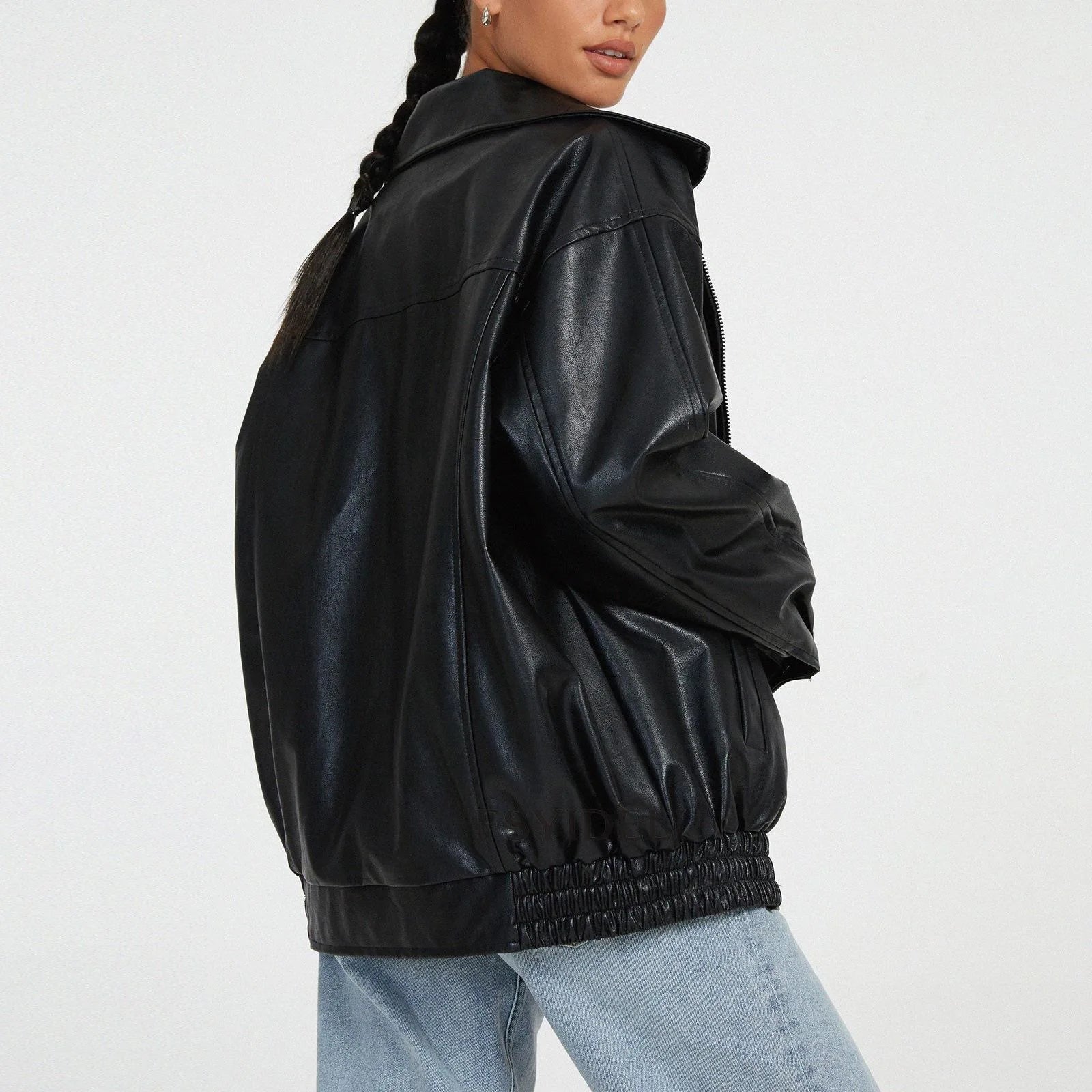 Women Autumn Winter PU Leather Jacket Loose Zipper Long Sleeve Jacket Coat Solid Color Fashion
