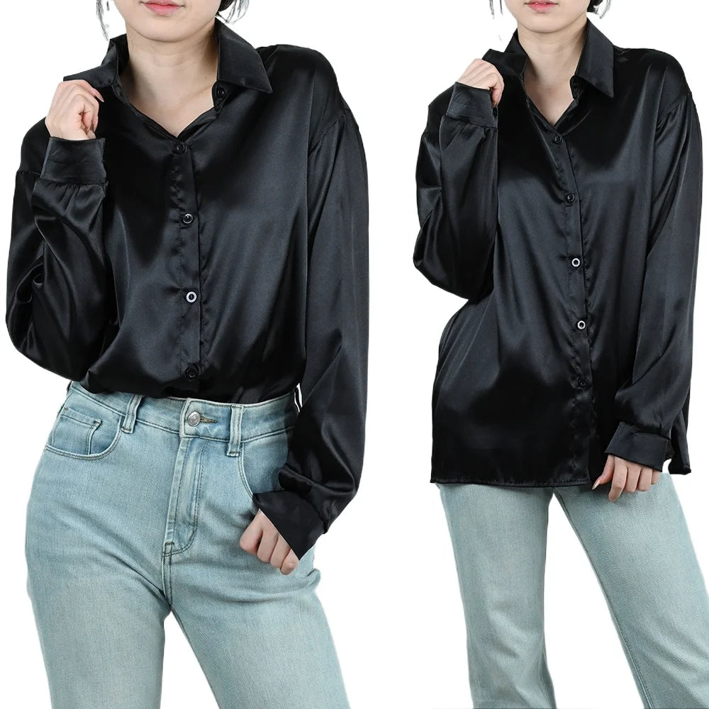 Spring Autumn Women's Solid Polo-Neck Blouses Button Up Elegant Loose Long Sleeve Clothes Office Ladies French Black Shirt Tops