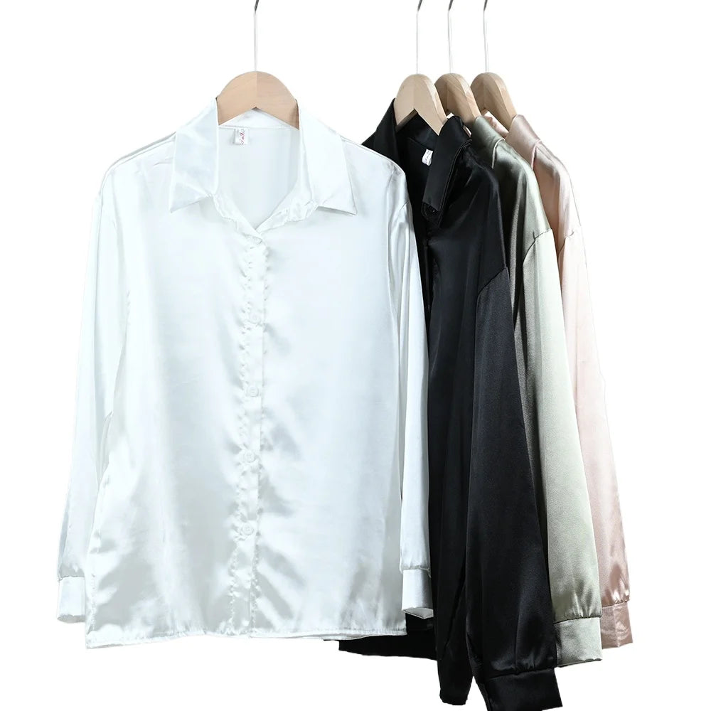 Spring Autumn Women's Solid Polo-Neck Blouses Button Up Elegant Loose Long Sleeve Clothes Office Ladies French Black Shirt Tops