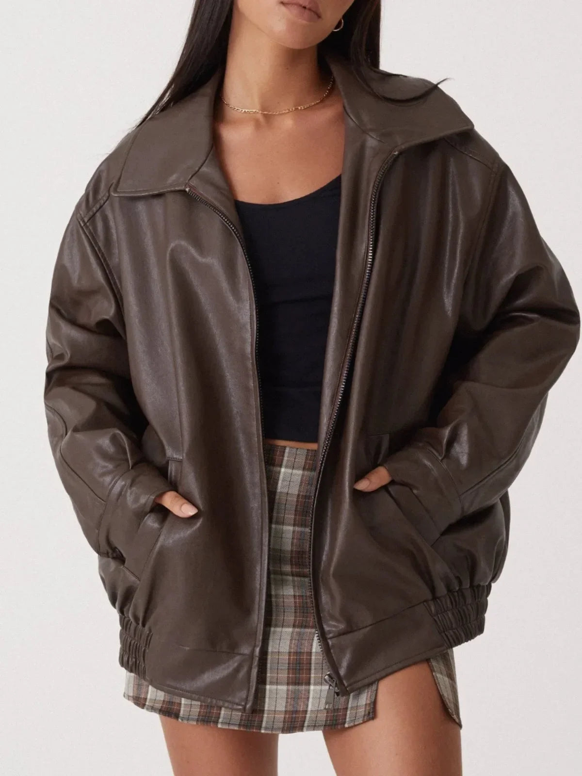 Women Autumn Winter PU Leather Jacket Loose Zipper Long Sleeve Jacket Coat Solid Color Fashion