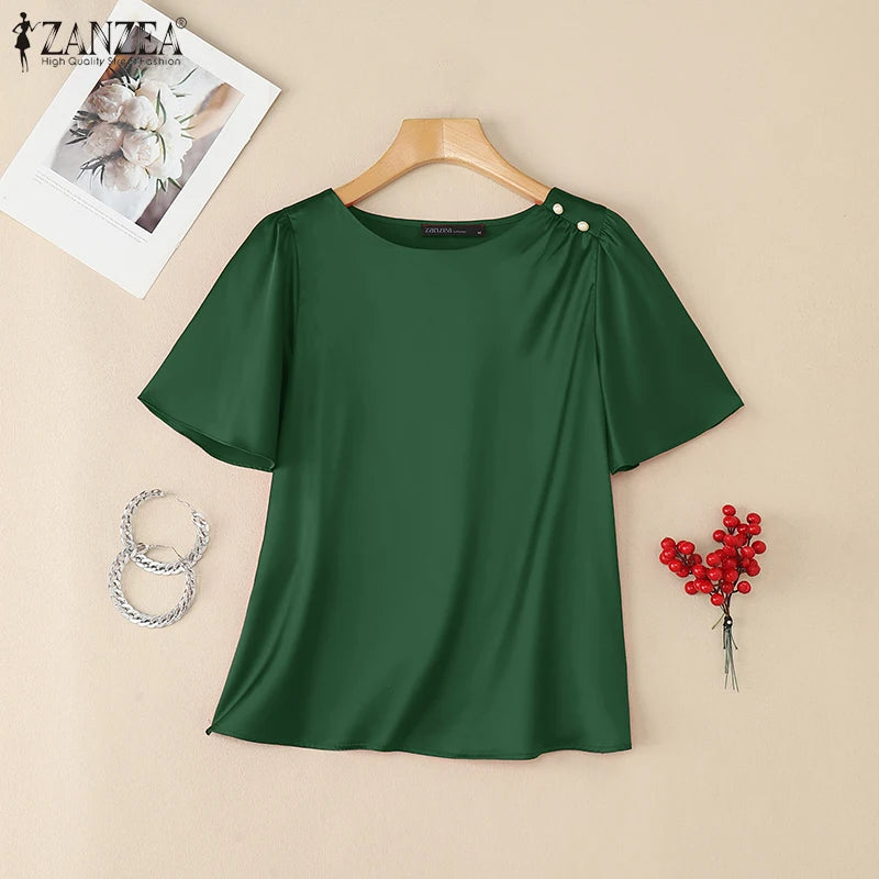 2025 ZANZEA Elegant Short Sleeve Office Satin Blouses Summer Women Tops Stylish Solid Shirt O Neck Tunic Female Work OL Blusas