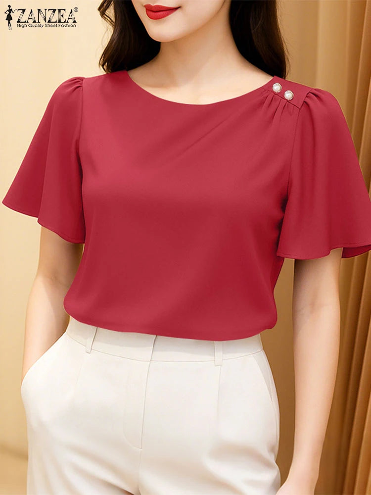 2025 ZANZEA Elegant Short Sleeve Office Satin Blouses Summer Women Tops Stylish Solid Shirt O Neck Tunic Female Work OL Blusas