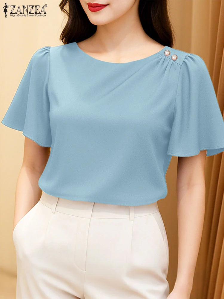 2025 ZANZEA Elegant Short Sleeve Office Satin Blouses Summer Women Tops Stylish Solid Shirt O Neck Tunic Female Work OL Blusas