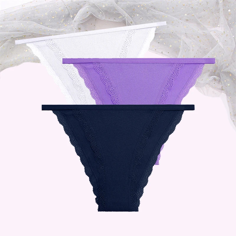 FINETOO Women's Cotton Panties 3Pcs/set Lace Briefs S-XL Comfortable Underwear Ladies Cotton Underpants Soft Panty Intimates New