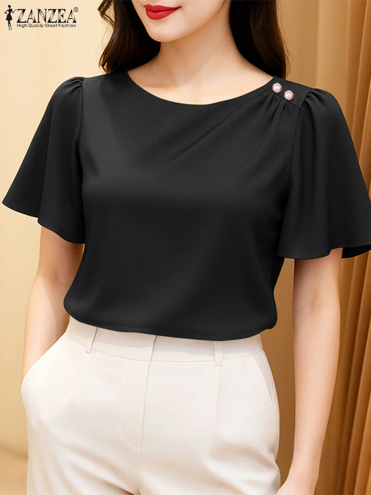 2025 ZANZEA Elegant Short Sleeve Office Satin Blouses Summer Women Tops Stylish Solid Shirt O Neck Tunic Female Work OL Blusas