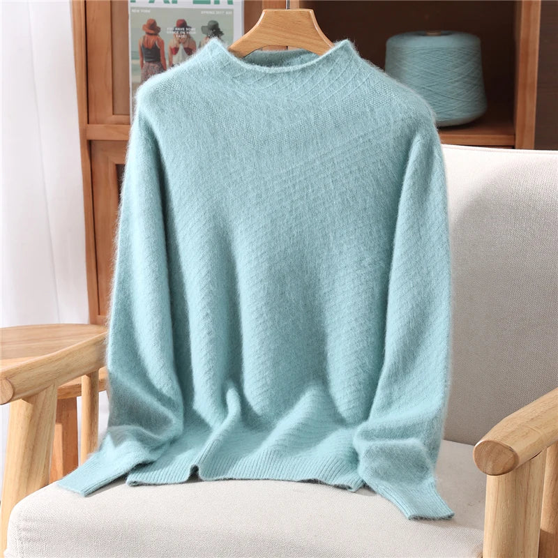 Autumn and winter mink cashmere knitted sweater Women's fashionable simple semi-high-neck sweater for women Soft comfortable top