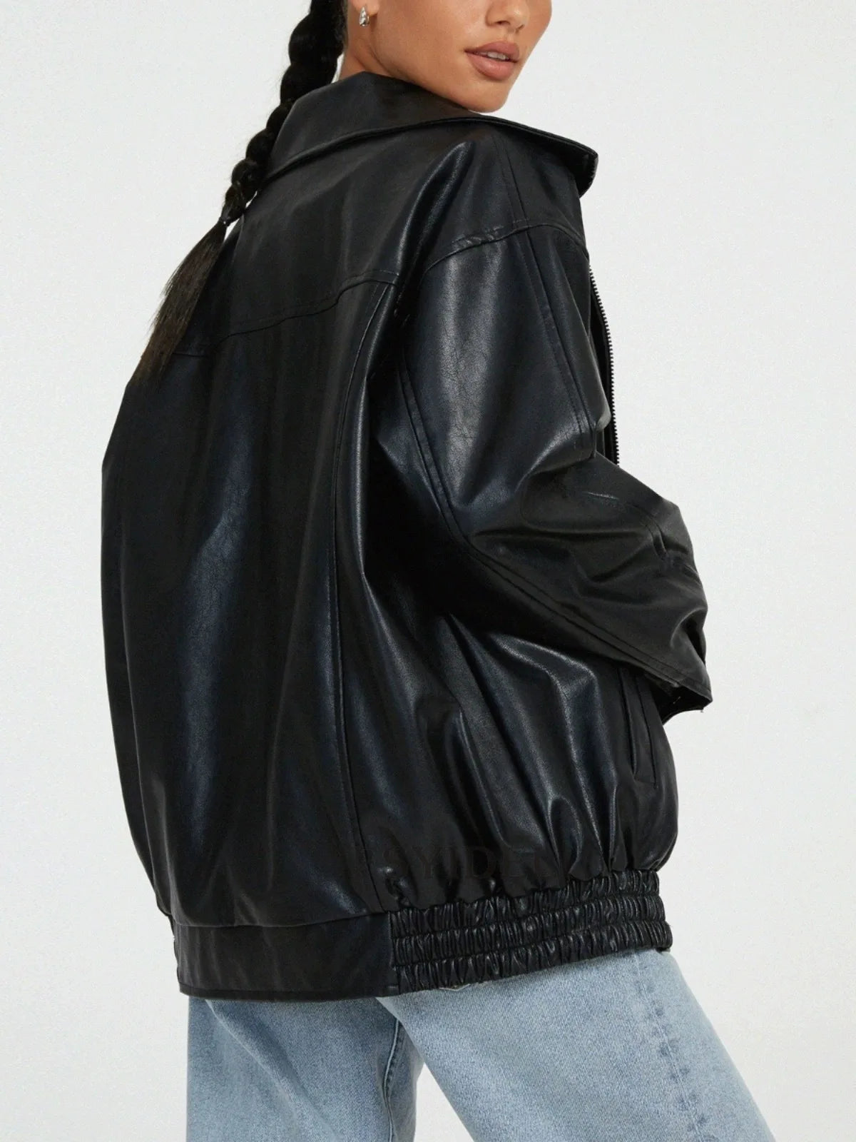 Women Autumn Winter PU Leather Jacket Loose Zipper Long Sleeve Jacket Coat Solid Color Fashion