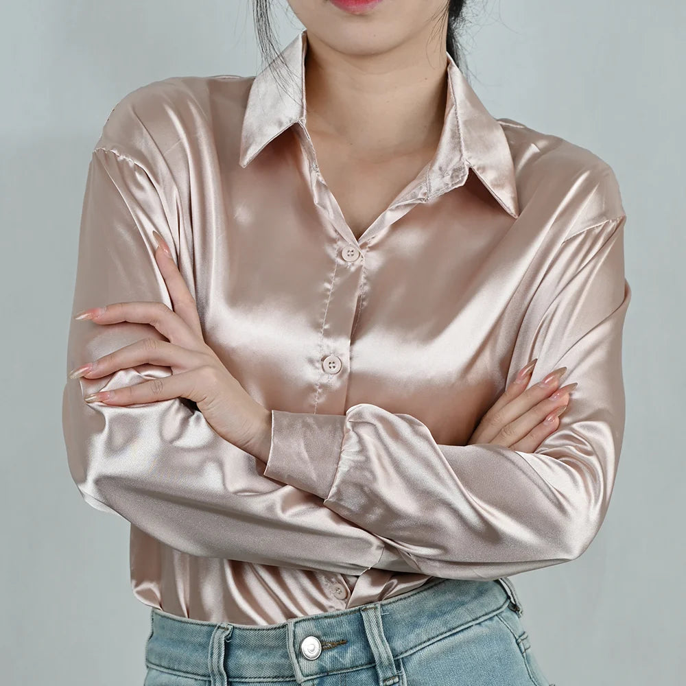 Spring Autumn Women's Solid Polo-Neck Blouses Button Up Elegant Loose Long Sleeve Clothes Office Ladies French Black Shirt Tops