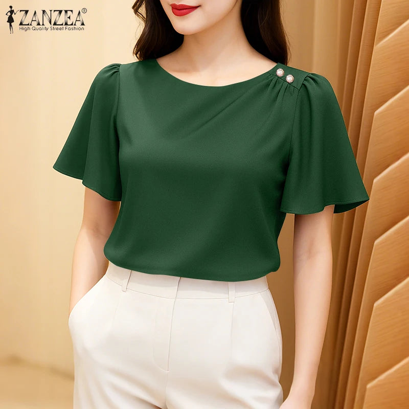 2025 ZANZEA Elegant Short Sleeve Office Satin Blouses Summer Women Tops Stylish Solid Shirt O Neck Tunic Female Work OL Blusas
