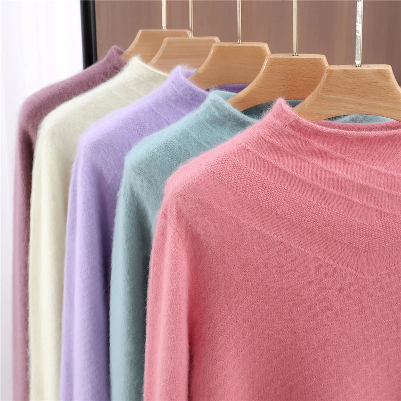 Autumn and winter mink cashmere knitted sweater Women's fashionable simple semi-high-neck sweater for women Soft comfortable top