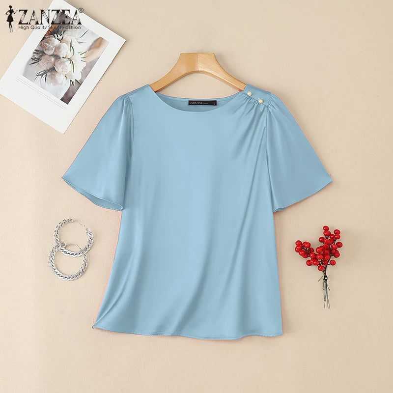 2025 ZANZEA Elegant Short Sleeve Office Satin Blouses Summer Women Tops Stylish Solid Shirt O Neck Tunic Female Work OL Blusas