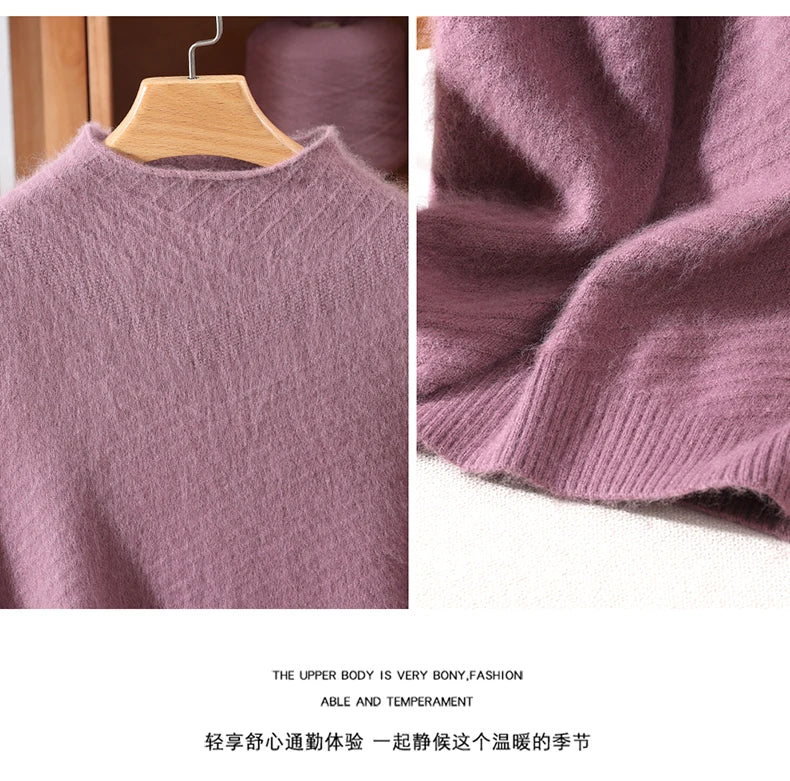 Autumn and winter mink cashmere knitted sweater Women's fashionable simple semi-high-neck sweater for women Soft comfortable top