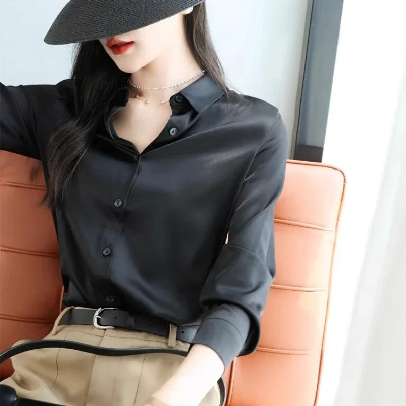 Satin Women's Shirt Blouses for Women Fashion 2024 Korean Style Womens Tops Office White Shirt Women OL Loose Elegant Clothing