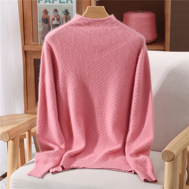 Autumn and winter mink cashmere knitted sweater Women's fashionable simple semi-high-neck sweater for women Soft comfortable top
