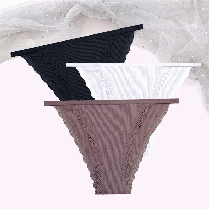 FINETOO Women's Cotton Panties 3Pcs/set Lace Briefs S-XL Comfortable Underwear Ladies Cotton Underpants Soft Panty Intimates New