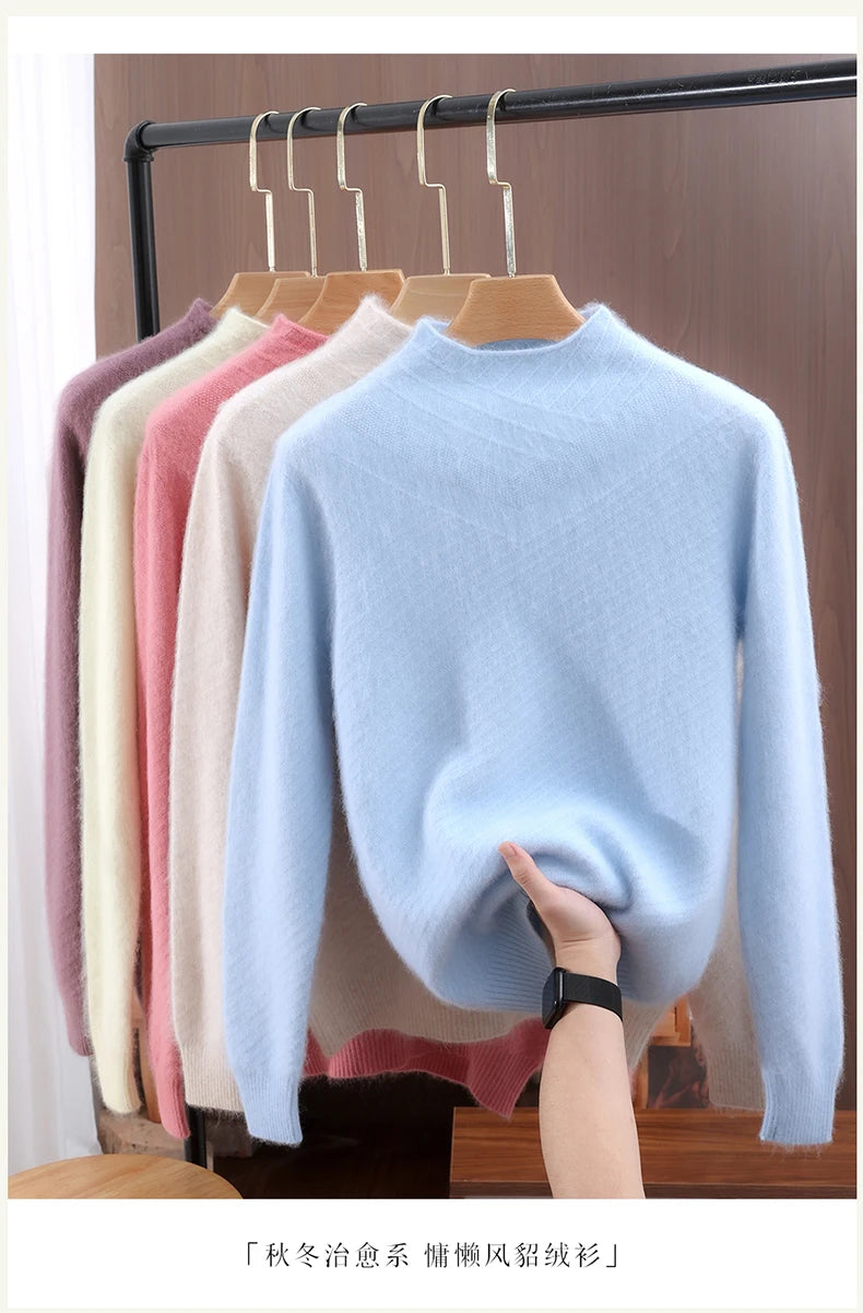 Autumn and winter mink cashmere knitted sweater Women's fashionable simple semi-high-neck sweater for women Soft comfortable top