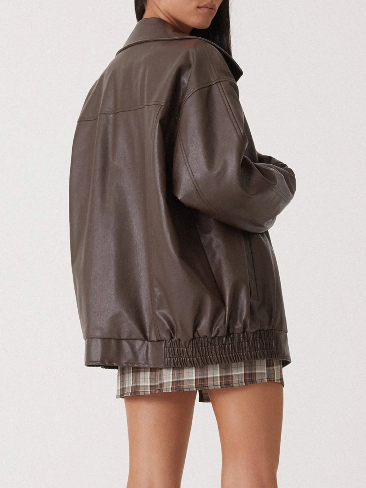 Women Autumn Winter PU Leather Jacket Loose Zipper Long Sleeve Jacket Coat Solid Color Fashion