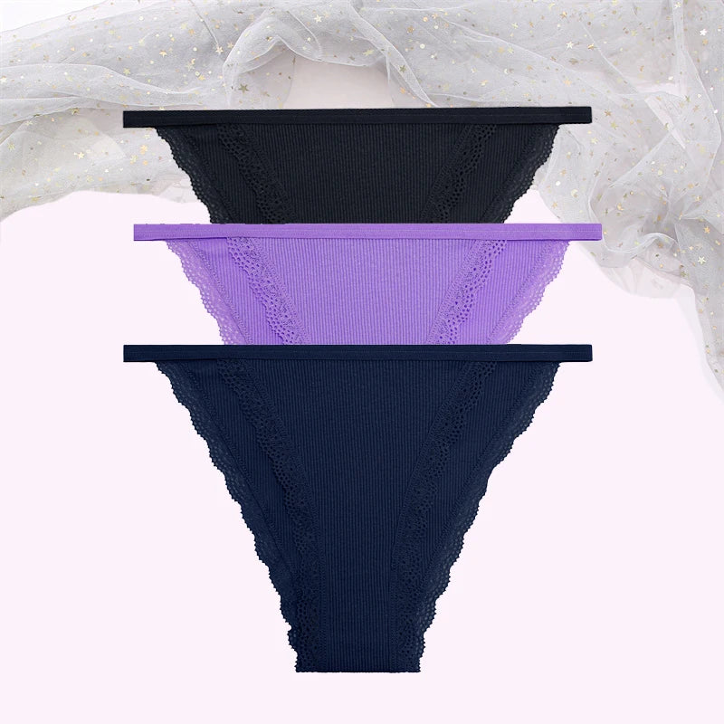 FINETOO Women's Cotton Panties 3Pcs/set Lace Briefs S-XL Comfortable Underwear Ladies Cotton Underpants Soft Panty Intimates New