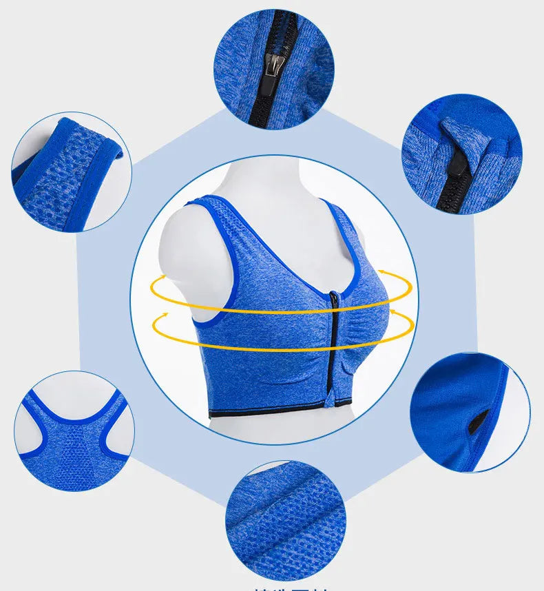 Front Zipper Sports Bra Top Fitness Running Vest Shock-absorbing Breathable Yoga Sports Bra For Women Push Up Brassiere S-4XL