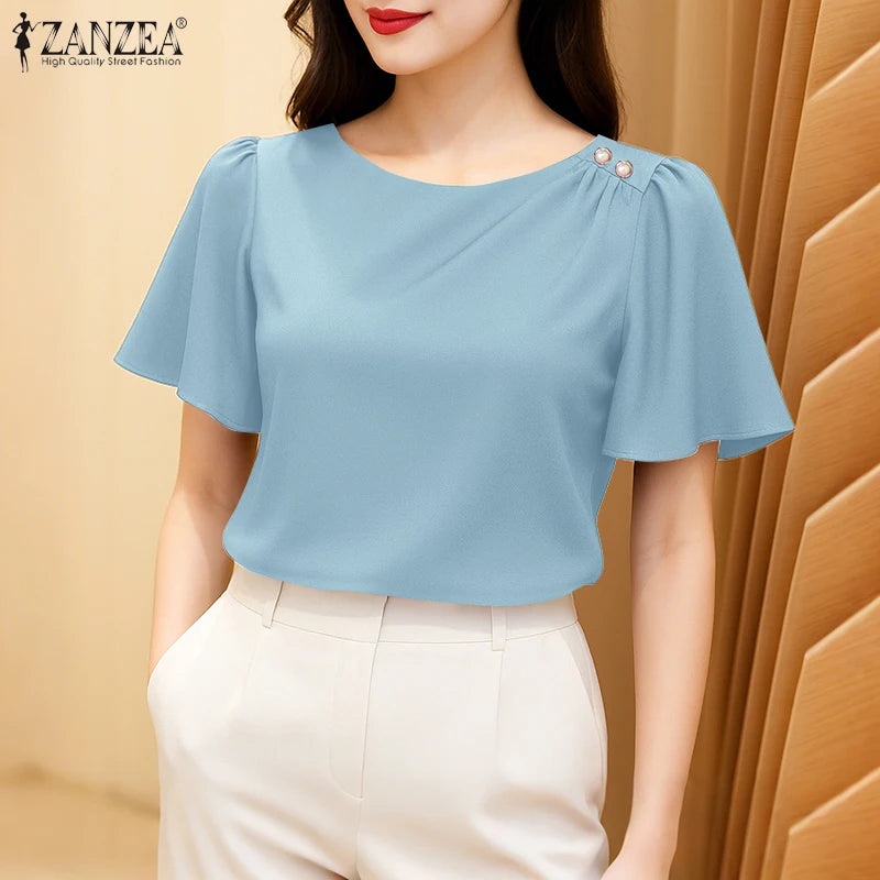 2025 ZANZEA Elegant Short Sleeve Office Satin Blouses Summer Women Tops Stylish Solid Shirt O Neck Tunic Female Work OL Blusas