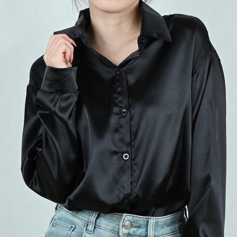 Spring Autumn Women's Solid Polo-Neck Blouses Button Up Elegant Loose Long Sleeve Clothes Office Ladies French Black Shirt Tops