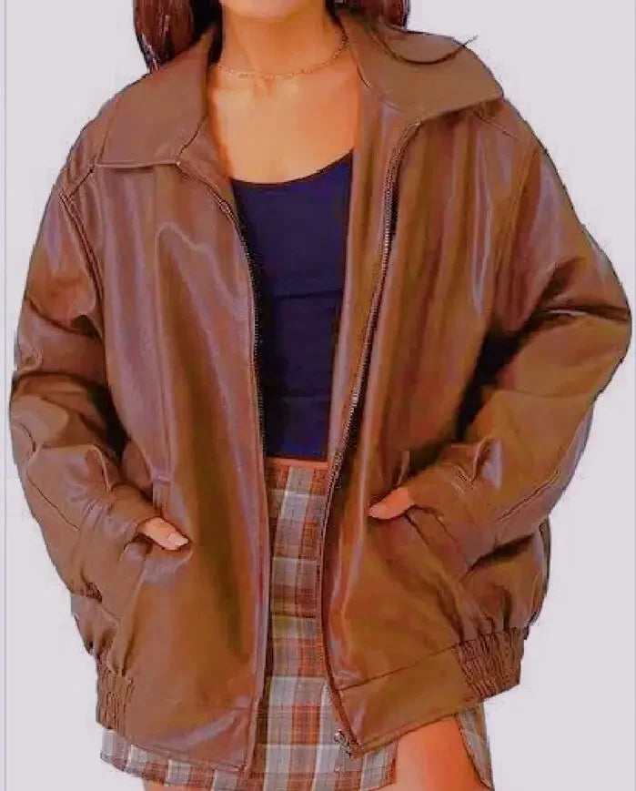 Women Autumn Winter PU Leather Jacket Loose Zipper Long Sleeve Jacket Coat Solid Color Fashion