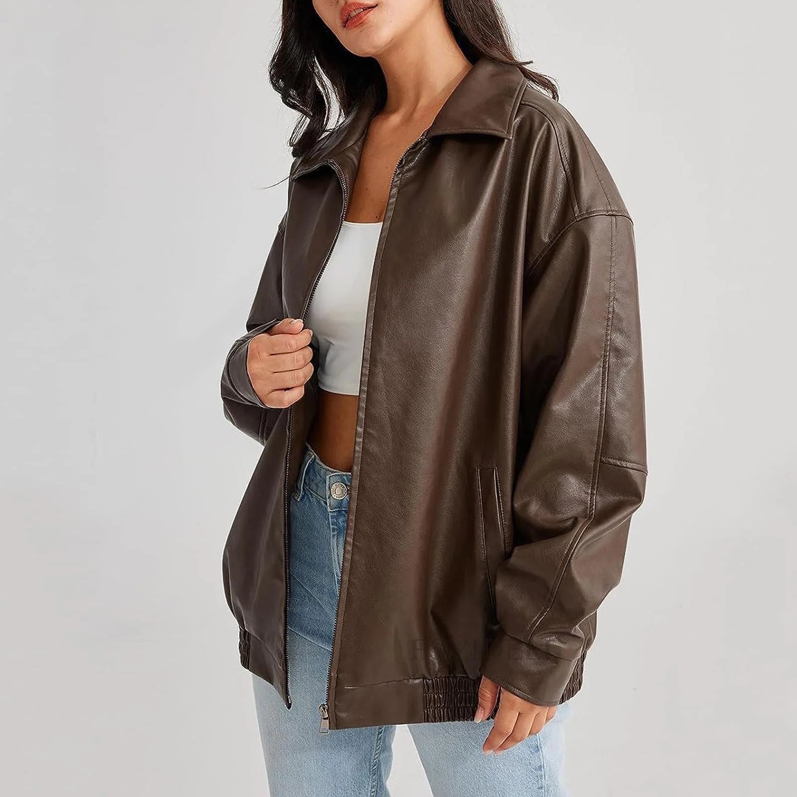 Women Autumn Winter PU Leather Jacket Loose Zipper Long Sleeve Jacket Coat Solid Color Fashion