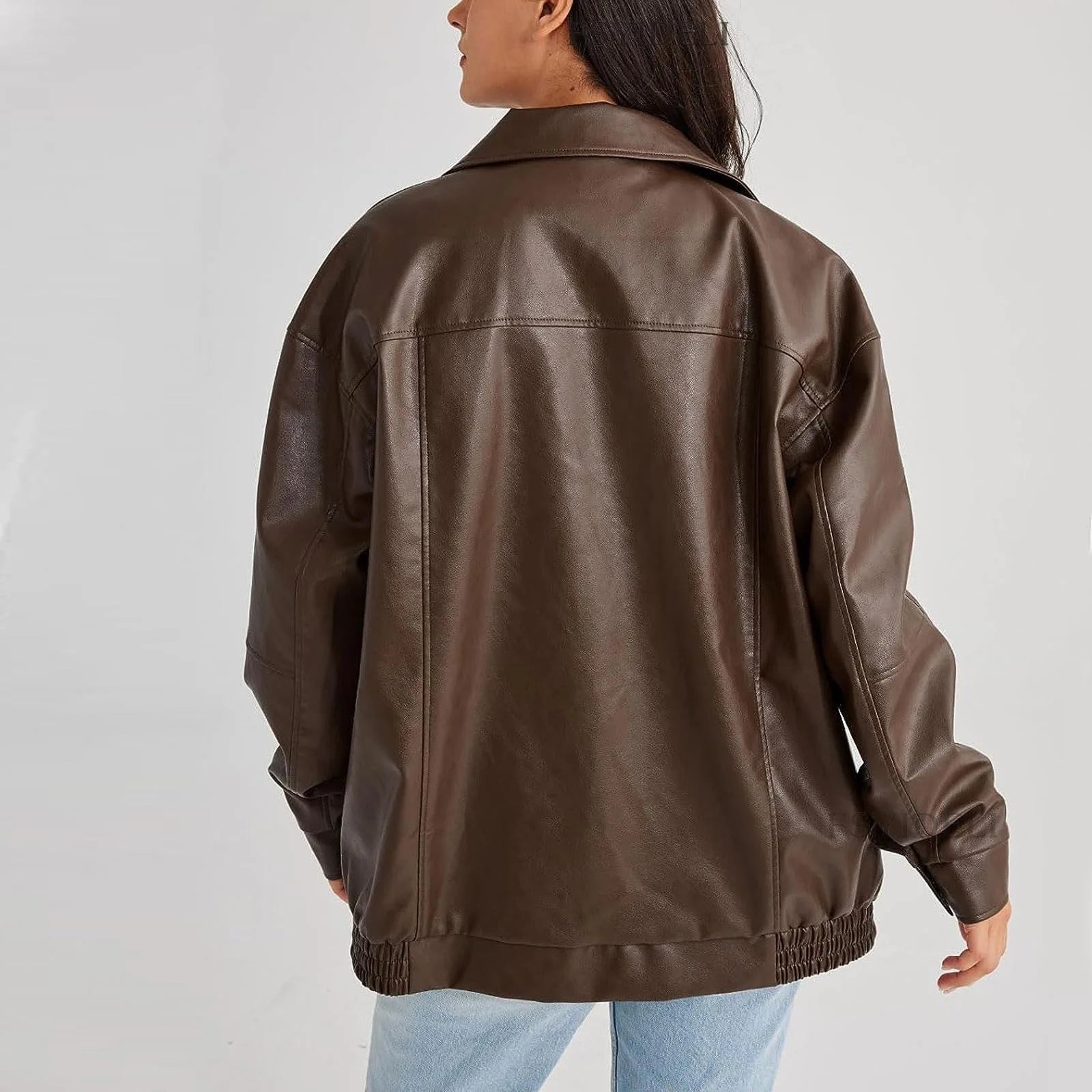 Women Autumn Winter PU Leather Jacket Loose Zipper Long Sleeve Jacket Coat Solid Color Fashion