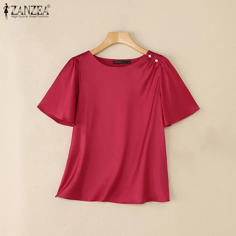 2025 ZANZEA Elegant Short Sleeve Office Satin Blouses Summer Women Tops Stylish Solid Shirt O Neck Tunic Female Work OL Blusas