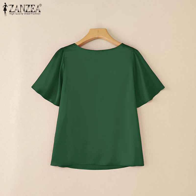 2025 ZANZEA Elegant Short Sleeve Office Satin Blouses Summer Women Tops Stylish Solid Shirt O Neck Tunic Female Work OL Blusas