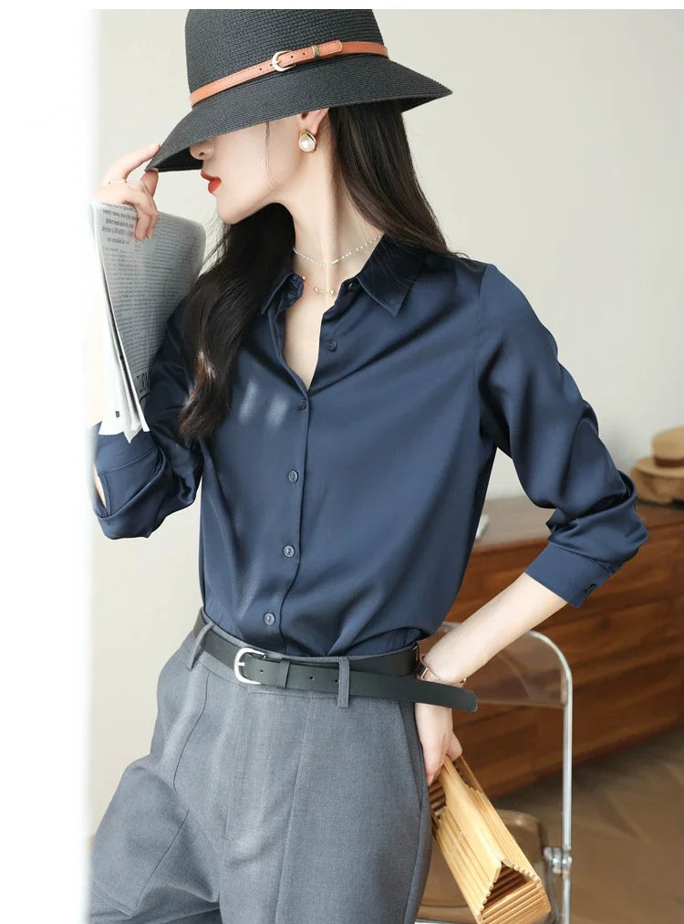 Satin Women's Shirt Blouses for Women Fashion 2024 Korean Style Womens Tops Office White Shirt Women OL Loose Elegant Clothing